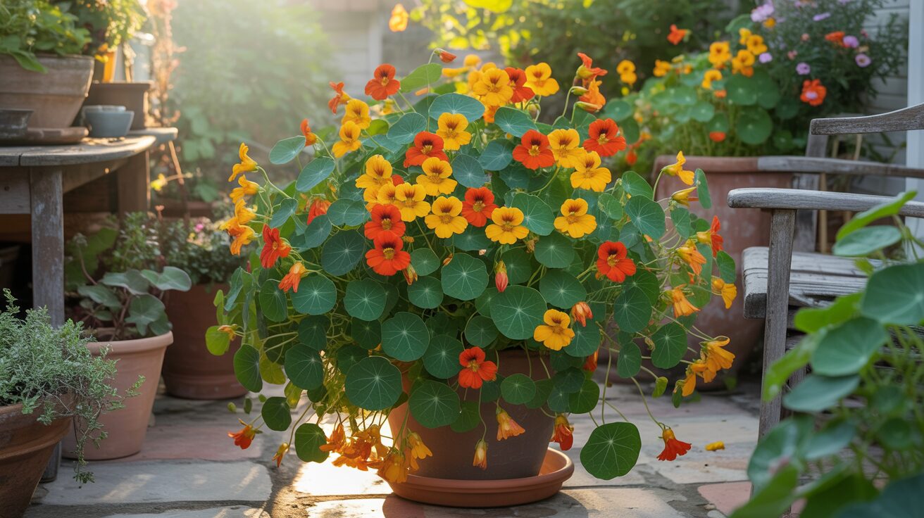 nasturtium in full bloom nasturtium in full bloom on a busy patio