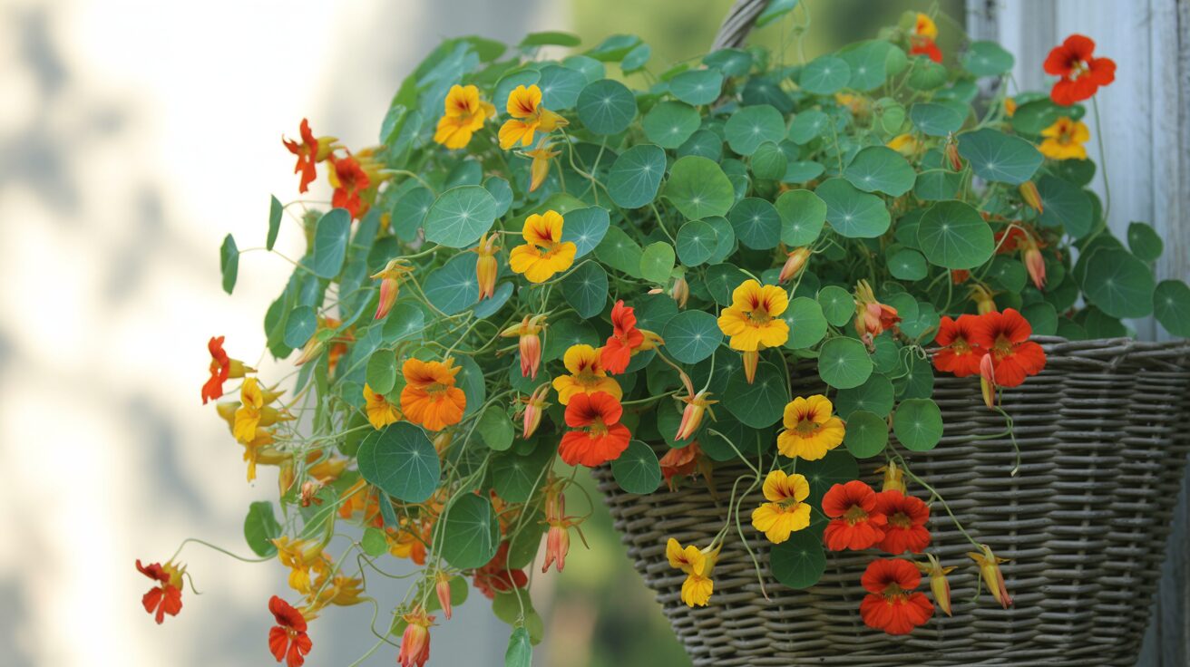 nasturtium in hanging basket Trailing Nasturtiums in Hanging Baskets with vibrant flowers