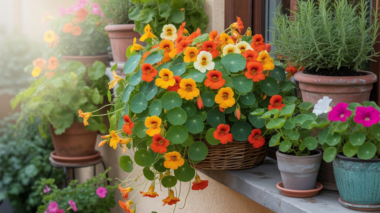 nasturtium well-cared vibrant nasturtium growing under the soft morning sunlight
