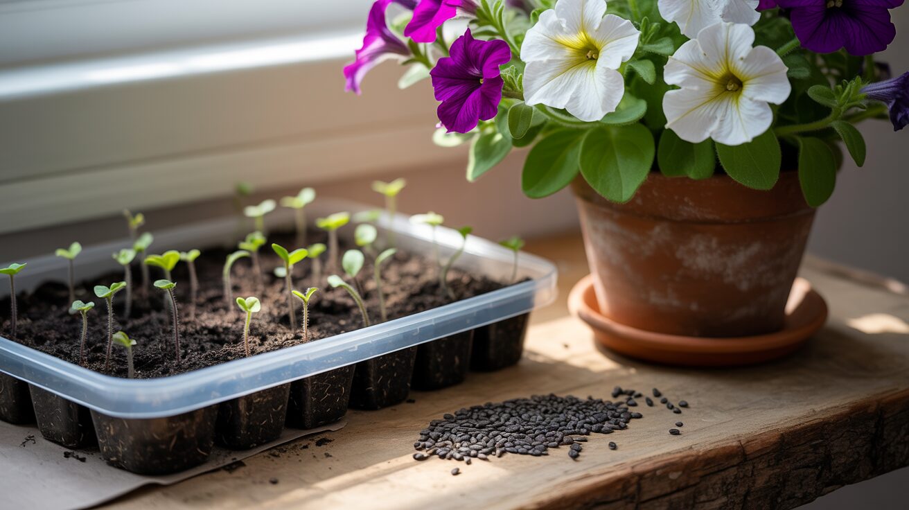petunia from seeds Petunia seeds alongside sprouted seeds in seeding tray and a potted petunia