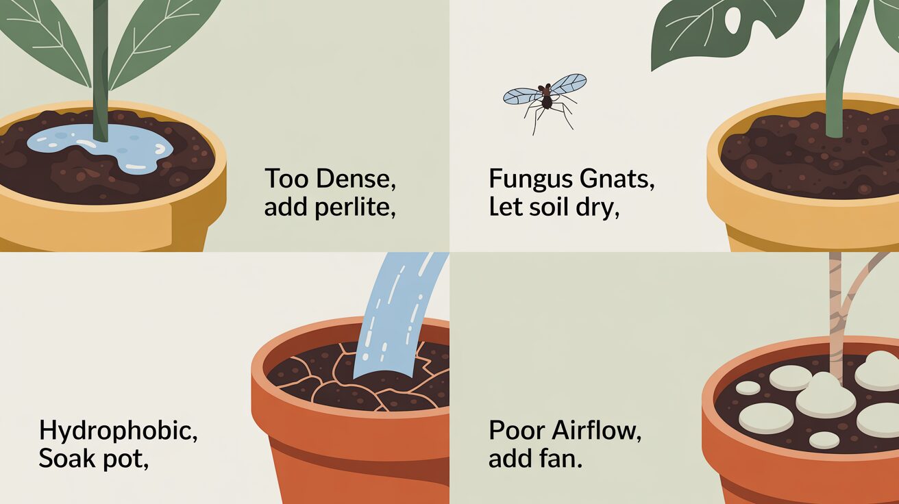 quick indoor potting fixes like why soil molds, how to prevent fungus gnats, and how to fix dense soil