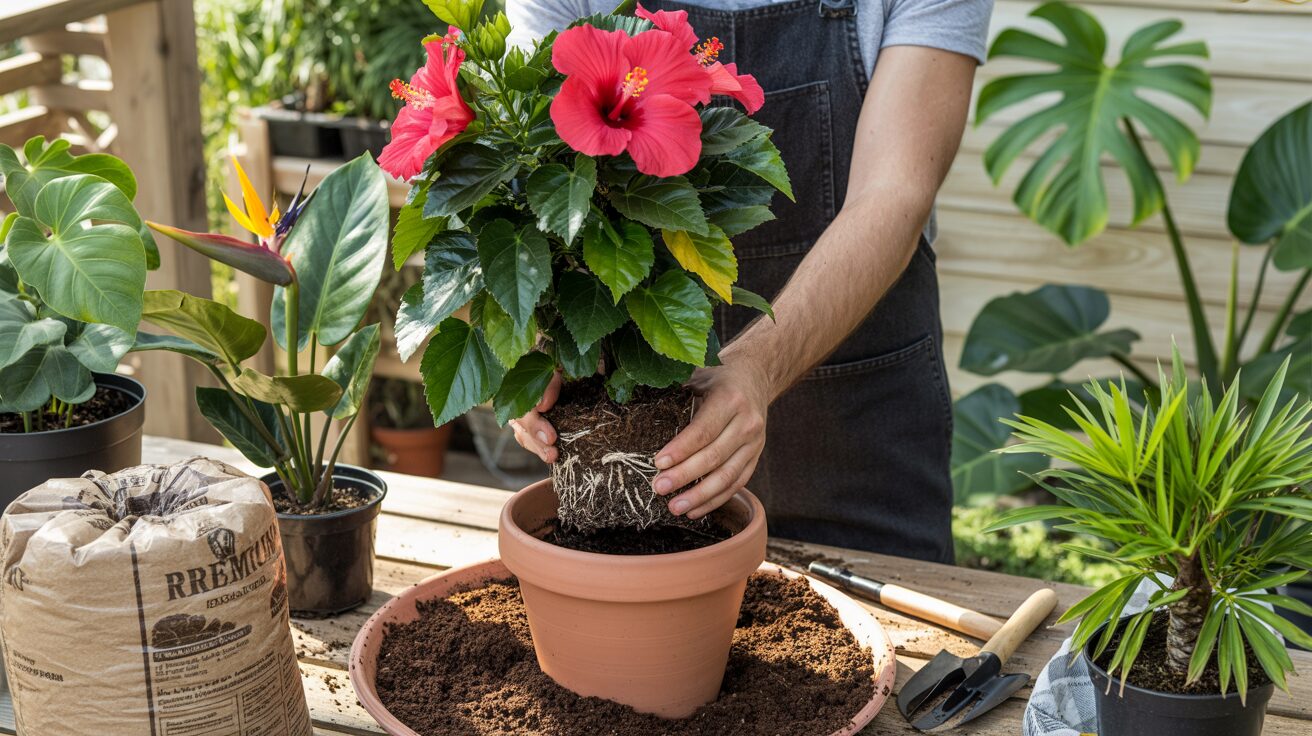 repotting tropical plants A gardener using rich outdoor compost mix to repot hibiscus plants and other sun loving plants