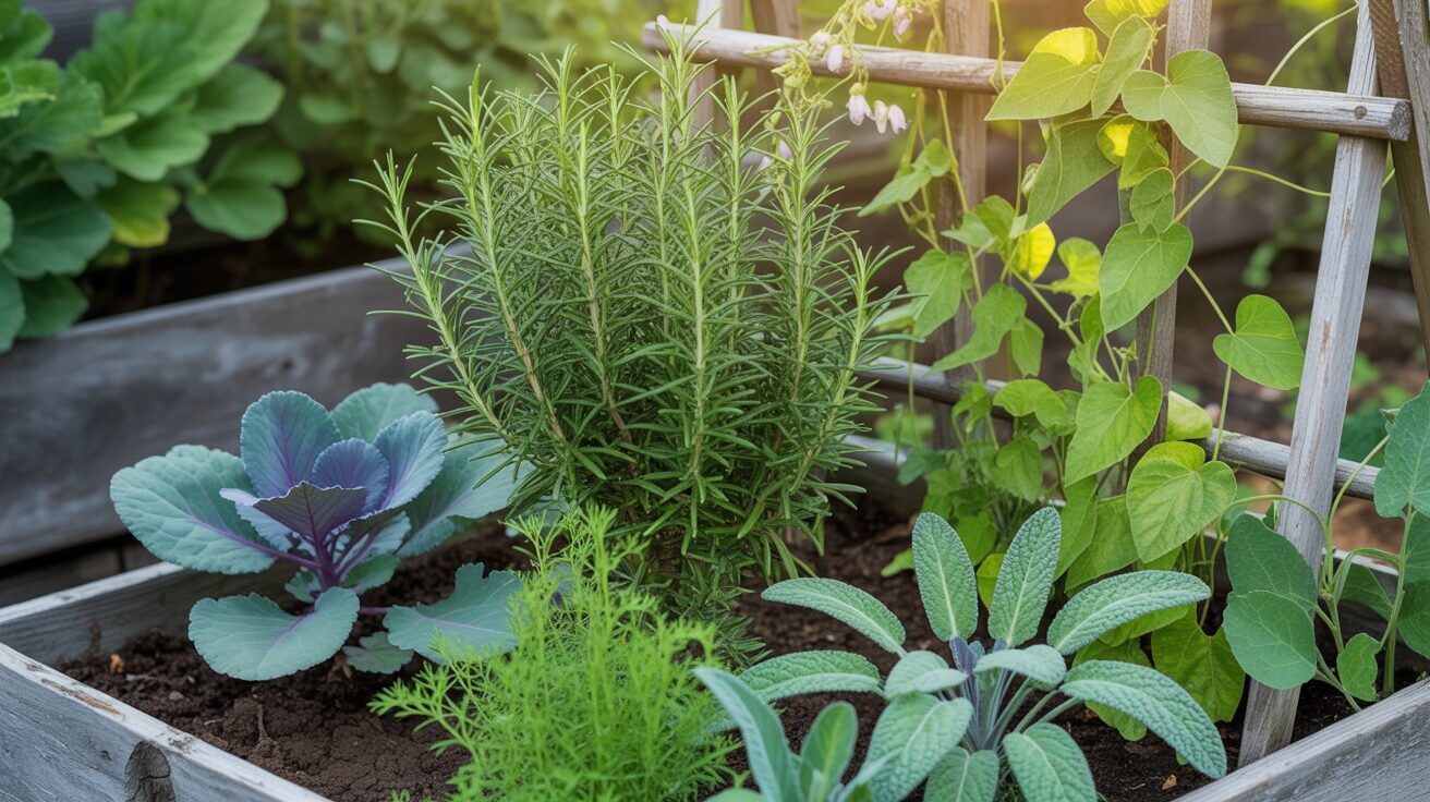 rosemary companion plant Rosemary Plant growing alongside cabbage, carrots, beans, and sage in a raised bed