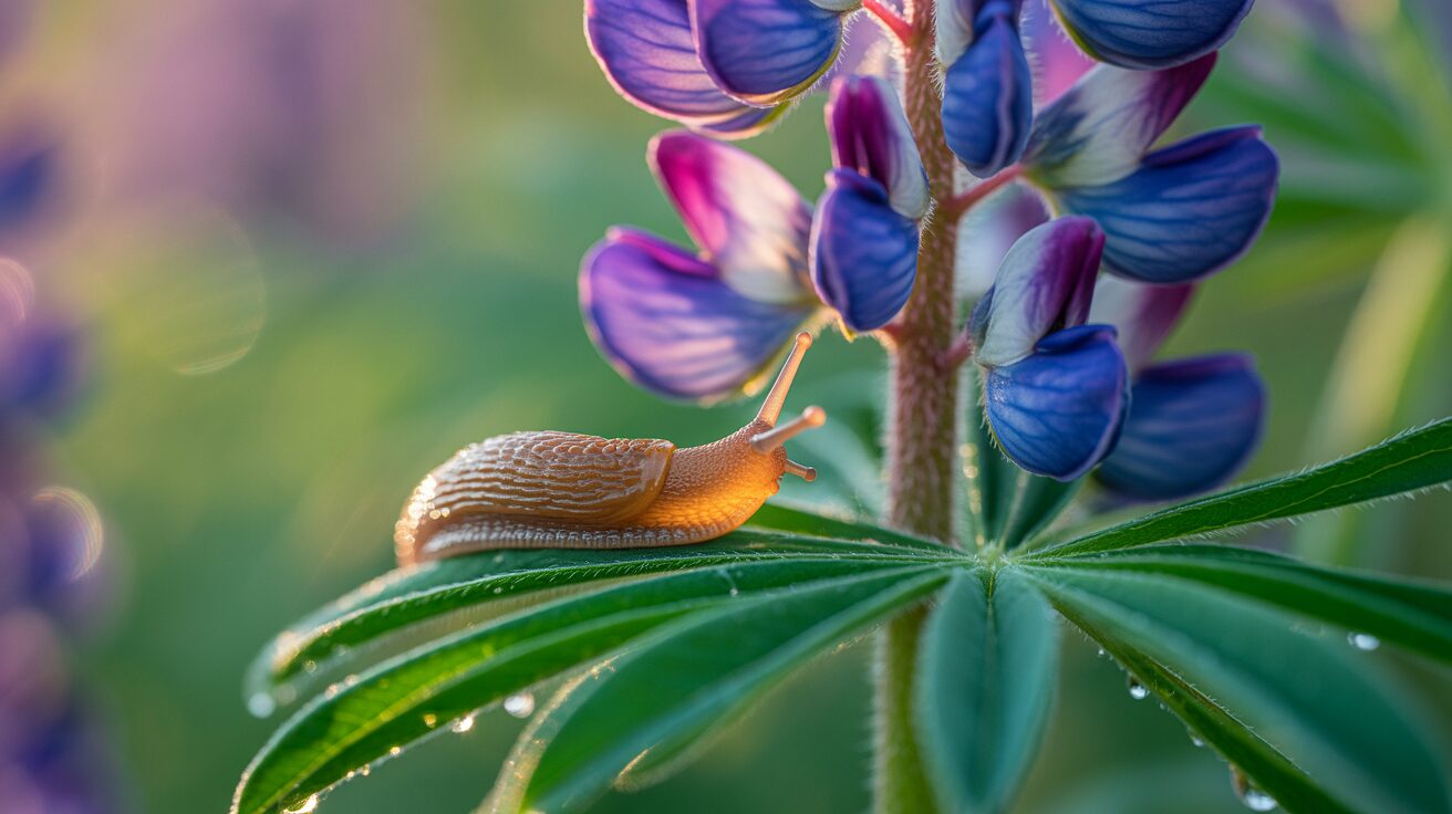 Slug feeding on young Lupin Plants