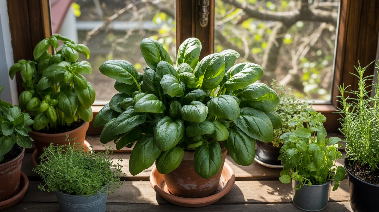 lush spinach growing in a terracotta planter on windowsil