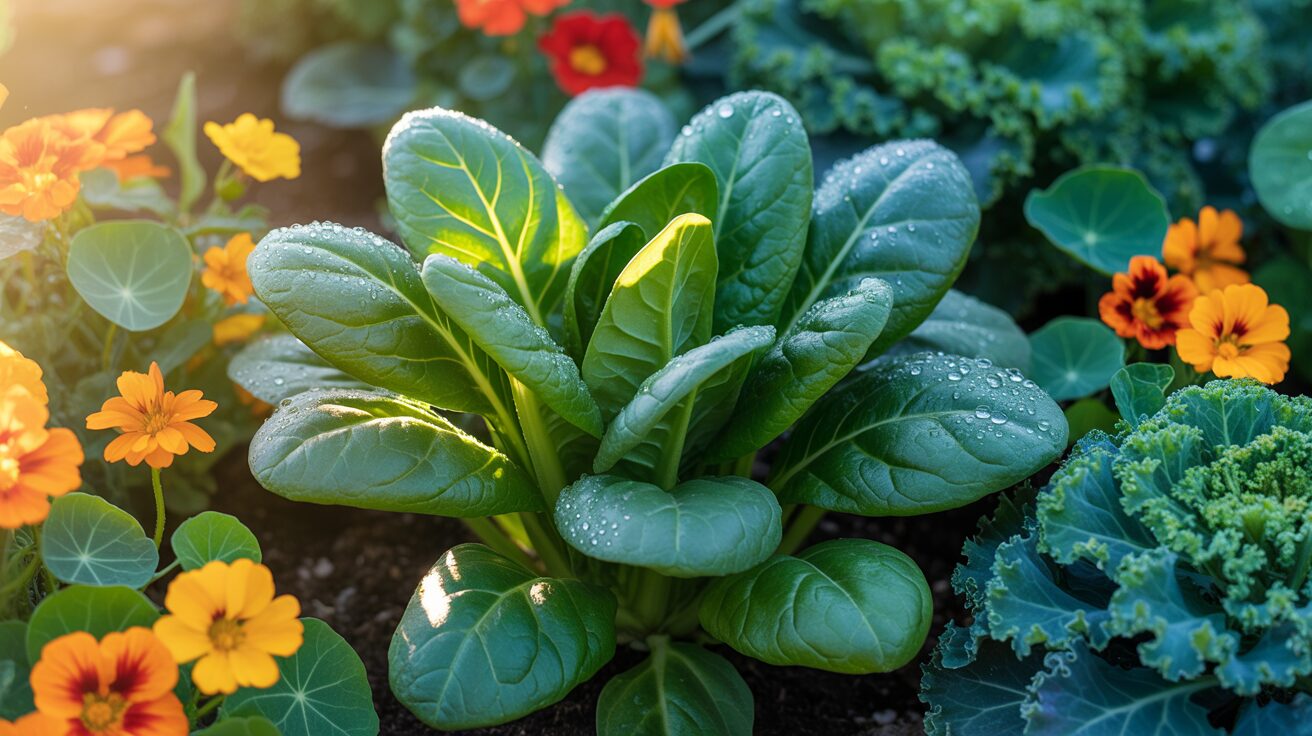 spinach with kale, marigold, nasturtiums kale, marigold, nasturtiums in companion planting with spinach