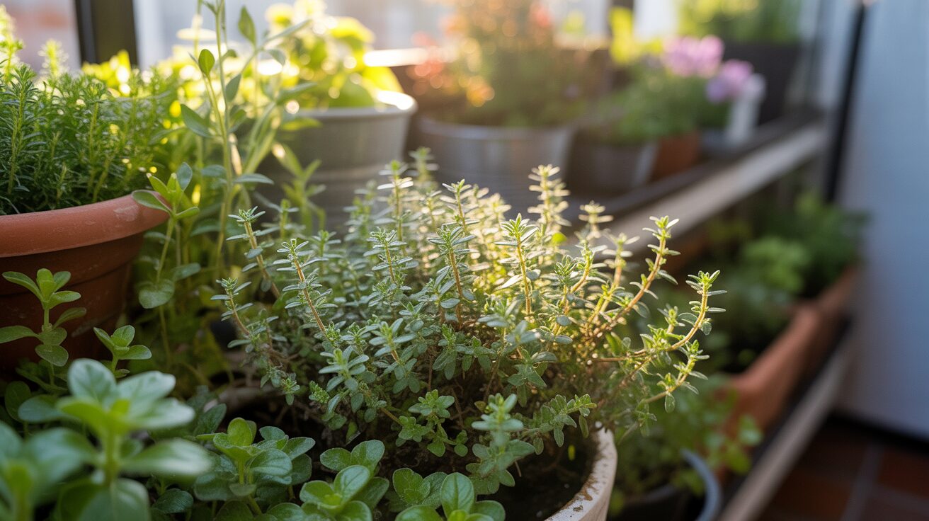 Thyme plant growing along oregano, parsley in a balcony planter in the soft morning sunlight.