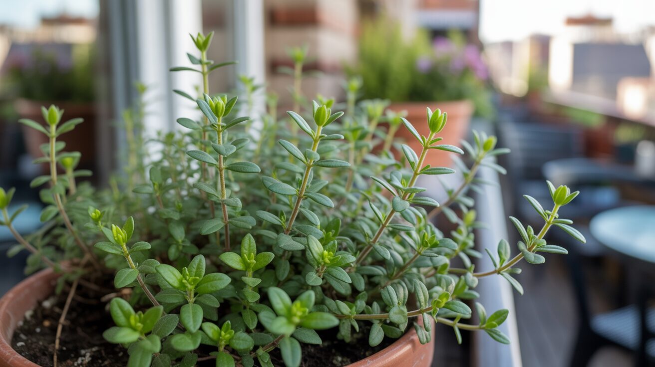 vibrant and lush thyme plant in pot well taken care of