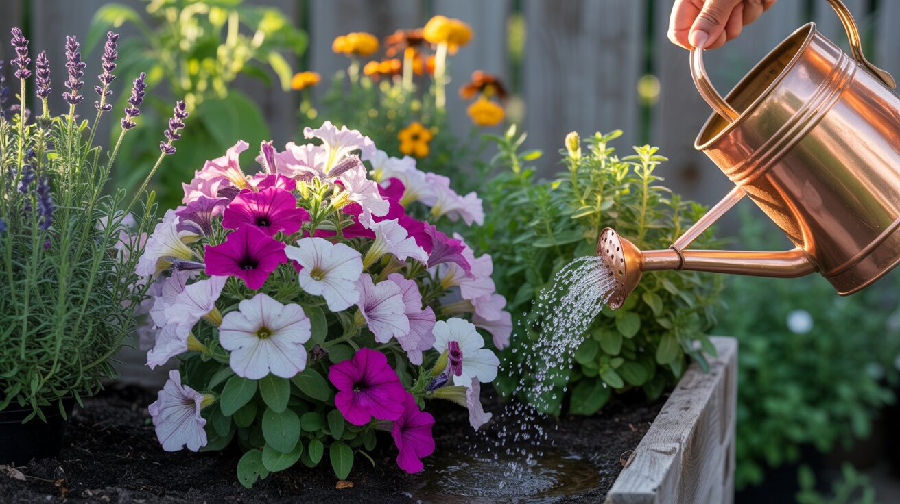 watering petunia a gardener watering petunia in a raised bed