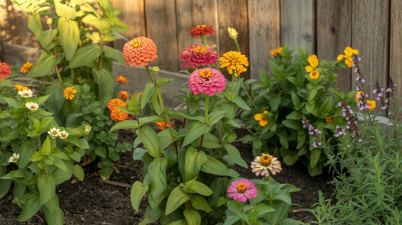 zinnia in companion planting with pepper, cucumber, lavender