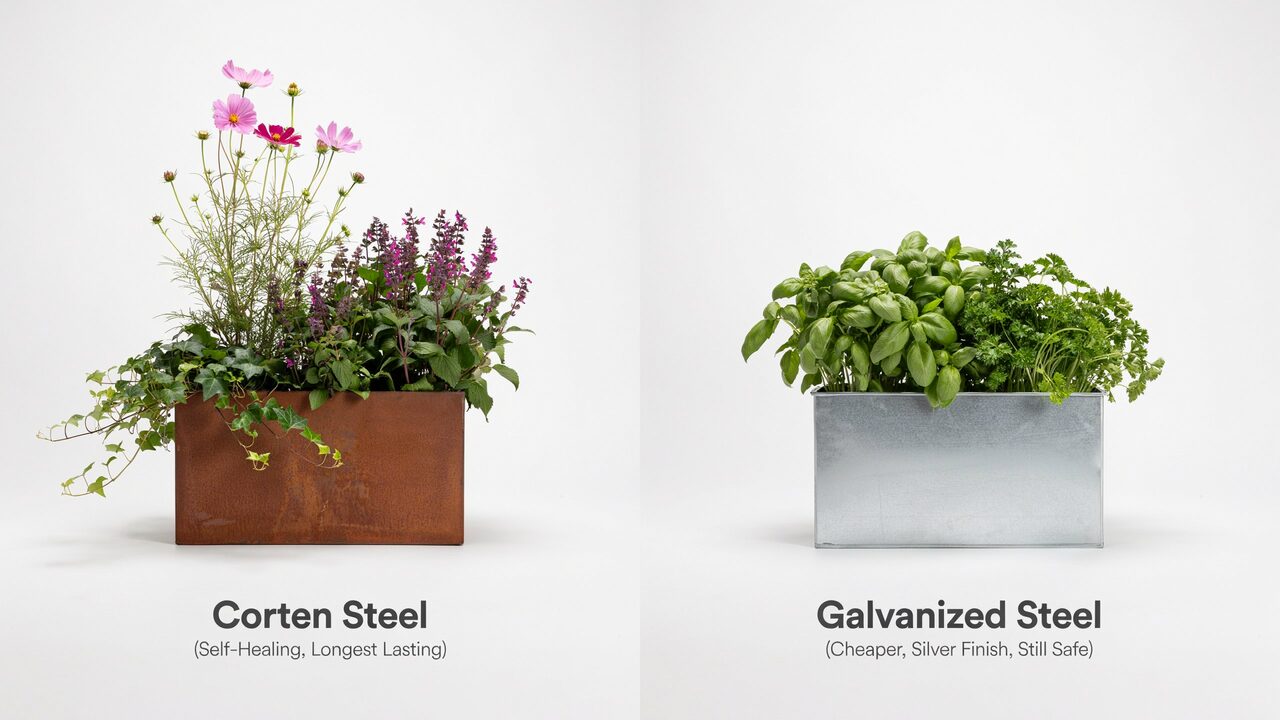 Corten steel planter left vs galvanized steel planter Corten steel planter left vs galvanized steel planter right comparison for garden use