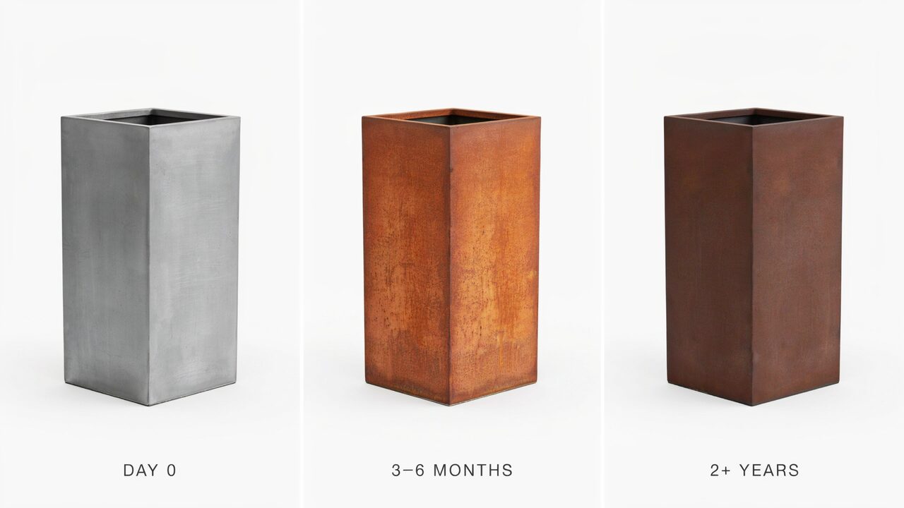Corten steel planter Corten steel color progression raw silver to orange rust to dark brown patina over time