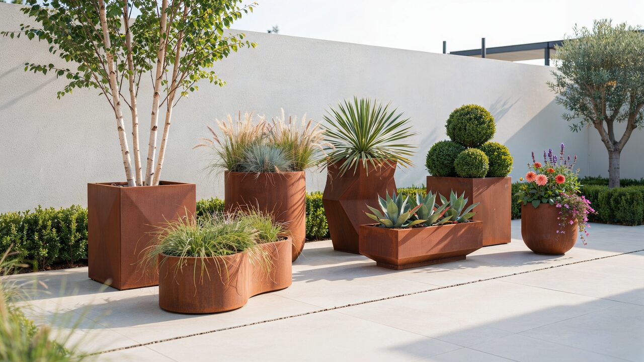 Corten steel planters in different shapes different shapes of corten steel planter featuring different plants like yucca, agave, boxwood, flowering plants