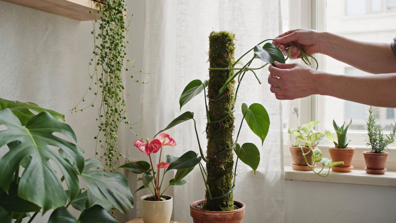 A gardener supporting climbing philodendron plant with a Moss Pole