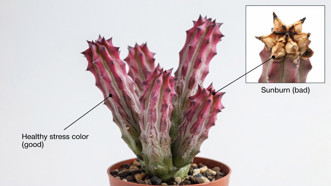 Huernia succulent healthy purple red stress colors compared to brown sunburn damage