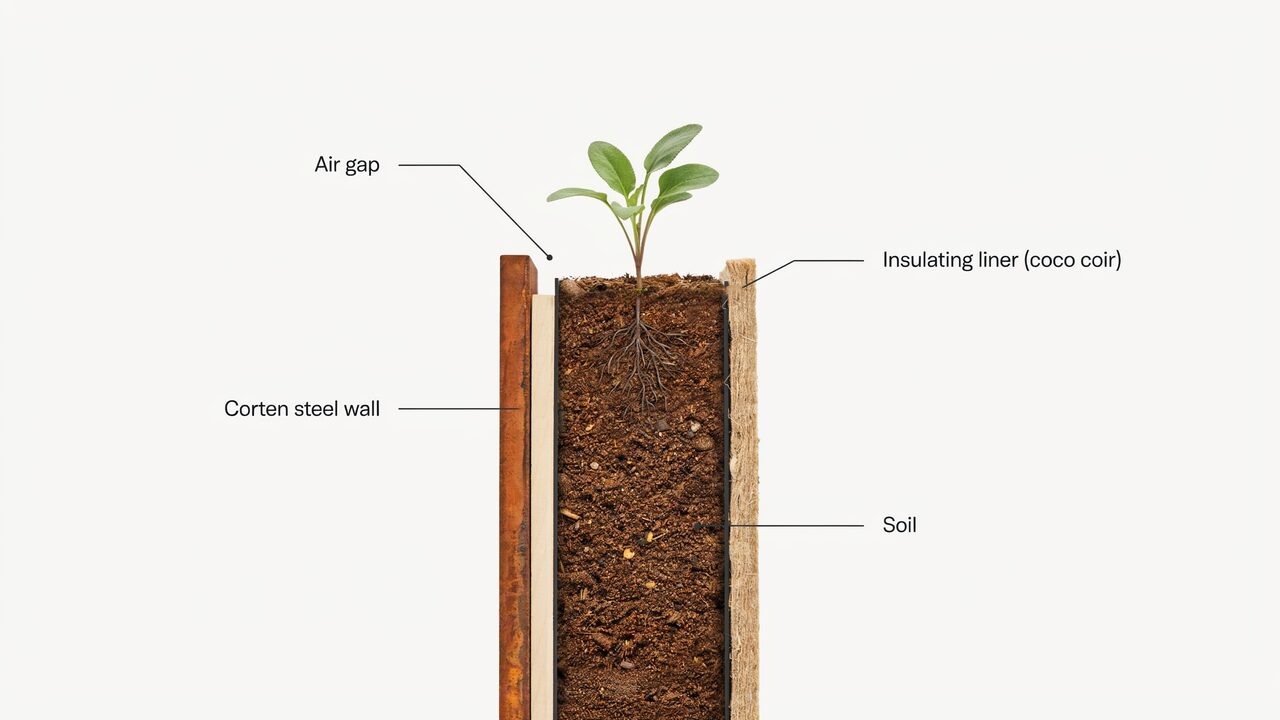 Insulating Liner for Metal Corten Steel Planters Cross section diagram showing insulating liner installation inside corten steel planter with coco coir and air gap