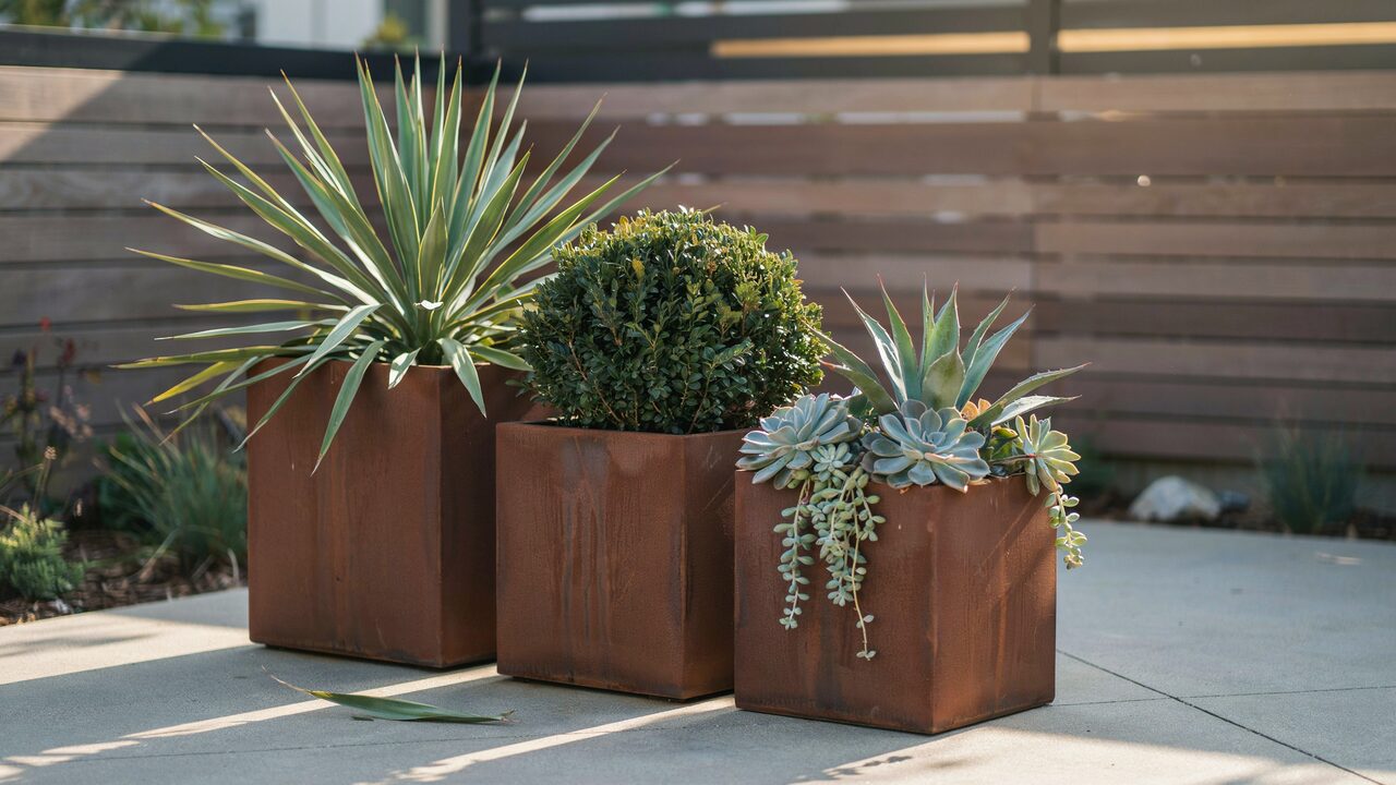 Modern backyard patio design with corten steel planters Modern backyard patio design with corten steel planters yucca, boxwood, and succulents