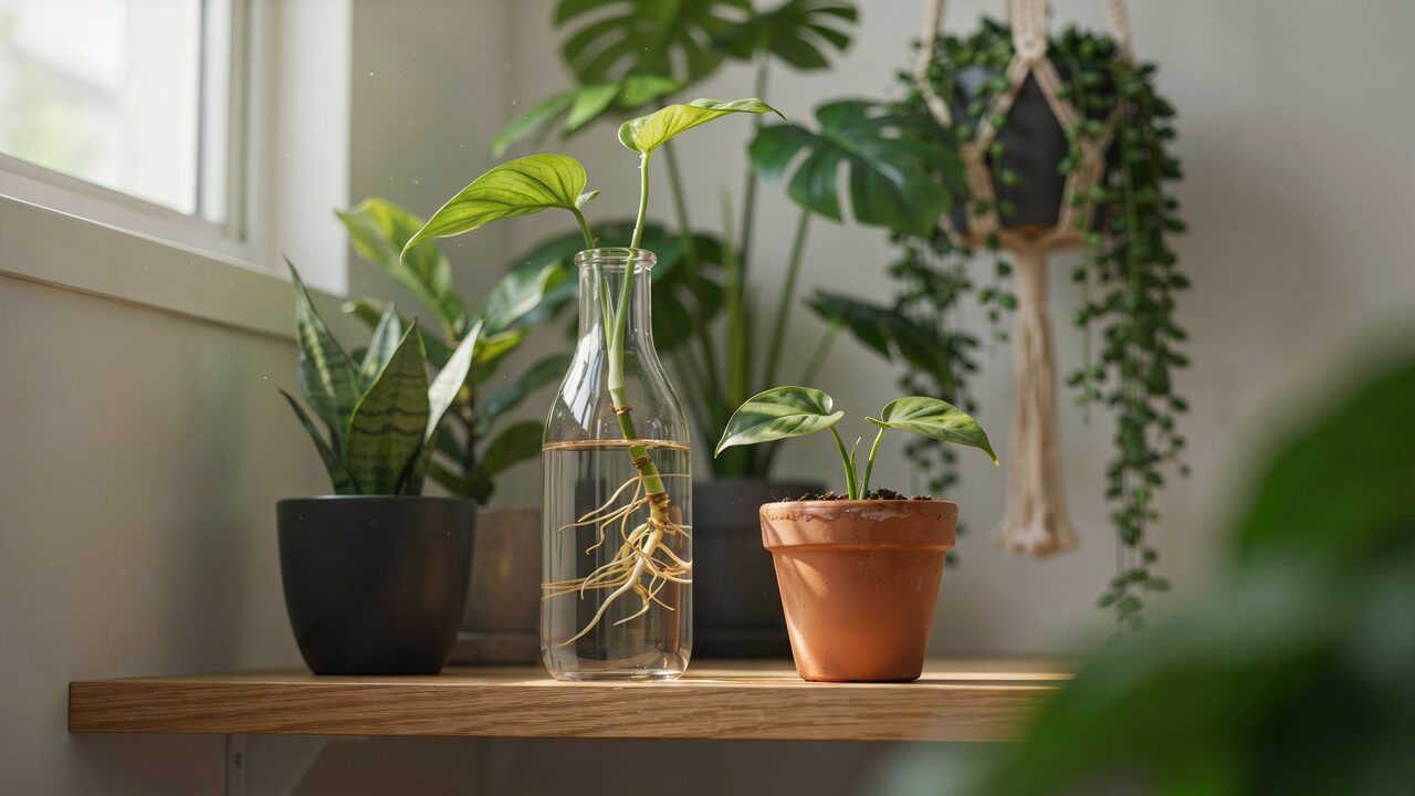 Propagating climbing pothos in water versus soil
