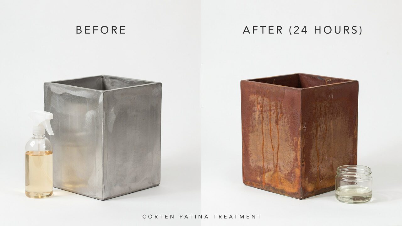 Weathering Process for Corten Steel DIY weathering corten steel with vinegar and peroxide before and after rust development