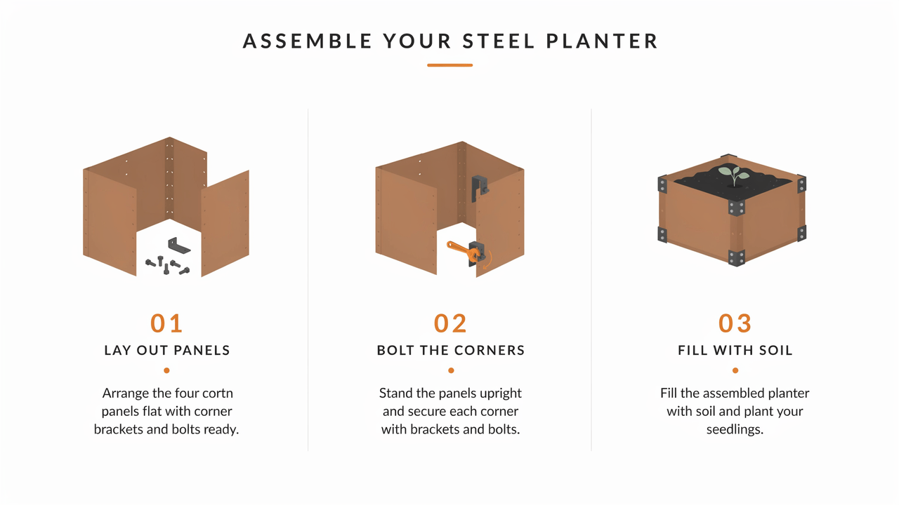 corten steel planter assembly Flat pack corten steel planter assembly instructions 3 step guide bolting corners