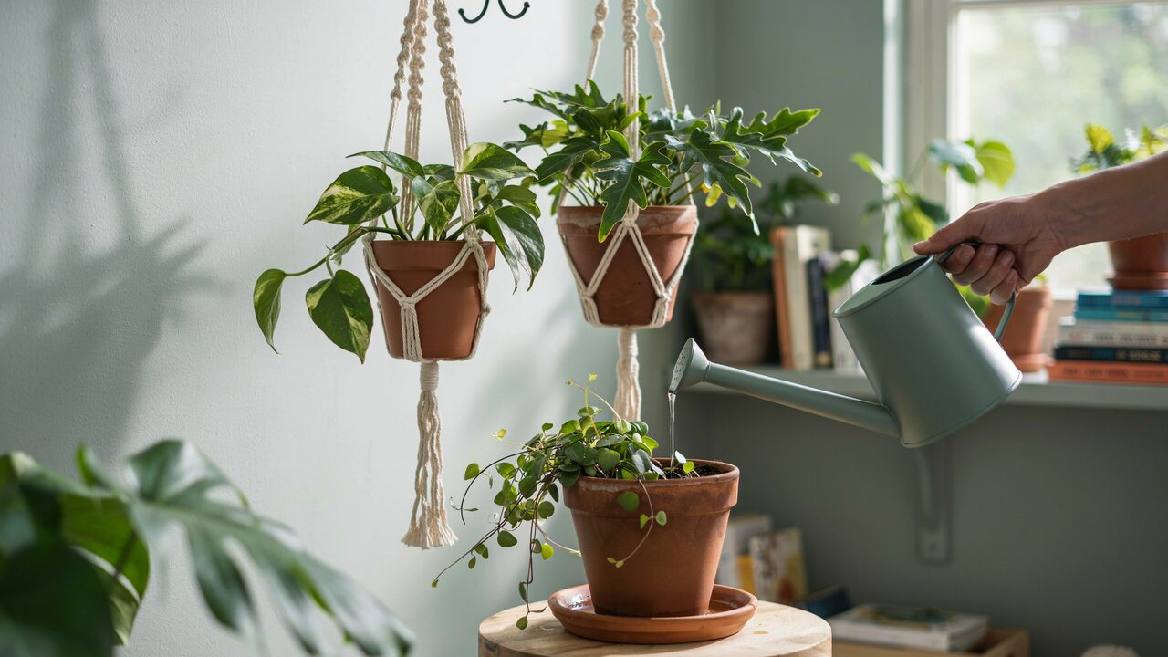 A gardener maintaining Climbing House Plants in Hanging Pots